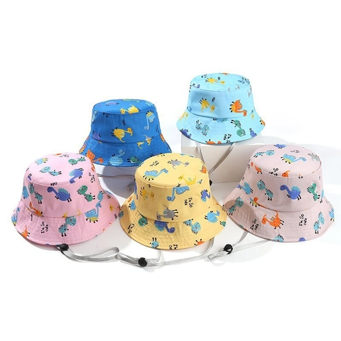 Kids Cute Cartoon Dinosaur Bucket Hat Cotton Polyester Sunshade Cap With Adjustable Windproof Rope For Baby Boys Girls
