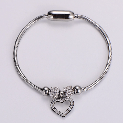 Bracciale A Catena Di Serpente Con Pendente A Cuore Cavo Acciaio Inossidabile 316L Strass Incastonato Chiusura Magnetica Gioielli Eleganti Donne