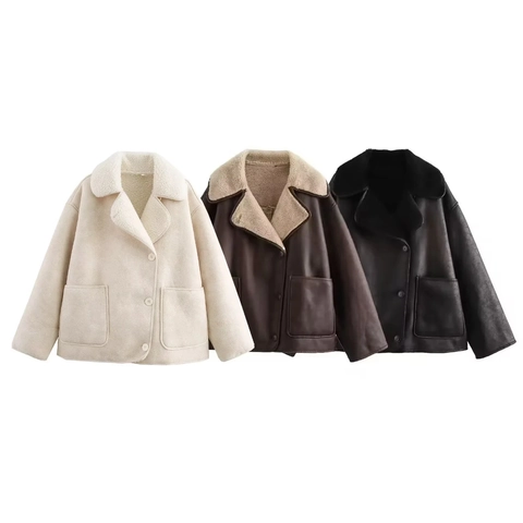 Damen Vintage Kunstleder Lammfell Jacke Mantel Reverskragen Einreihig Locker Winter Oberbekleidung Mit Taschen