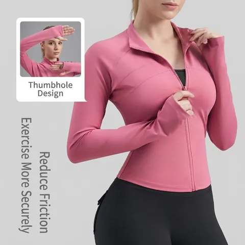 Women Sports Zip Up Jacket Slim Fit Stand Collar Thumb Holes Polyester Spandex Yoga Running Gym Fitness Quick Dry