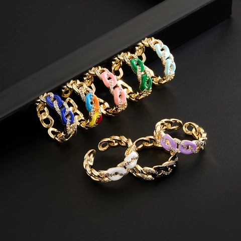 Fashion Cuban Chain Link Open Ring Copper 18K Gold Plated Enamel Cubic Zirconia Adjustable Geometric Jewelry Women