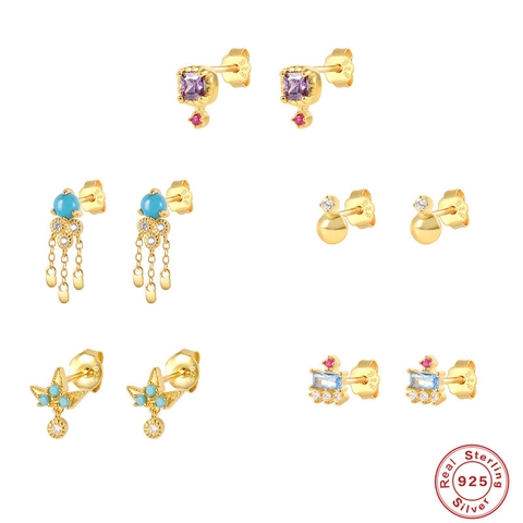 Geometric Minimalist Stud Earrings With 925 Sterling Silver Earring Post Gold Plated Cubic Zirconia Turquoise Fashion Jewelry
