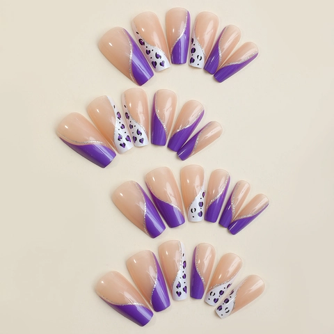 Purple Leopard Print French Press On Nails Long Coffin Ballet Shape Glitter Artificial Fake Nails For DIY Manicure Women