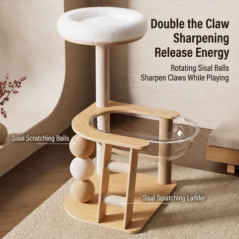 Solid Wood Cat Tree With Acrylic Space Capsule Sisal Scratching Posts And Plush Perch Activity Center For Indoor Cats