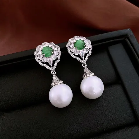 Pendientes Colgantes Flor Cobre Piedra Ojo De Gato Verde Circón Perla Artificial Imitación Con Poste De Plata Vintage Mujer