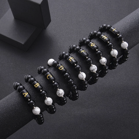 Black Agate And White Howlite Beaded Bracelet With Gold Initial Letter Alphabet Charm Unisex Simple Fashion Jewelry