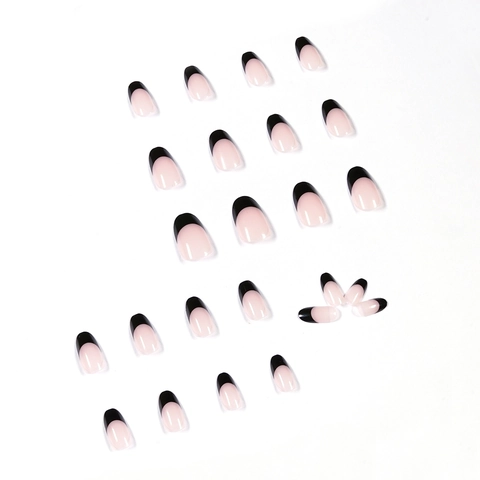 Unghie Finte French Tip Nude E Nero Forma Mandorla Unghie Lucide Per Donne Copertura Completa Unghie Artificiali