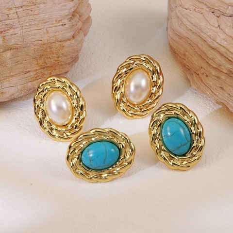 Vintage Stainless Steel Oval Stud Earrings With Artificial Pearl Blue Stone Inlay French Elegant Gold Earrings For Women