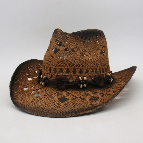 Western Cowboy Straw Hat For Men Women Hollow Out Paper Straw Fedora Hat Wide Brim Gradient Sun Hat Summer Beach Jazz Hat