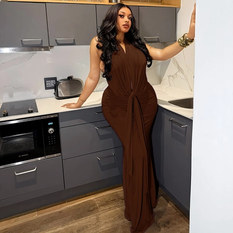Halter Neck Backless Maxi Dress Ruched Waist Bodycon Sexy Front Knot Solid Color Street Style Night Out
