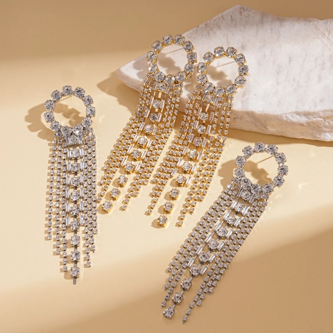 Elegant Rhinestone Hollow Round Long Tassel Drop Earrings For Women Copper With 925 Sterling Silver Earring Post