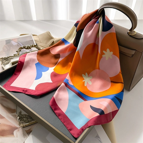 Flower Print Square Scarf Imitation Satin Satin Glossy Dopamine Style Abstract Geometric Hair Band Handbag Accessory Fashion Neck Wrap For Women
