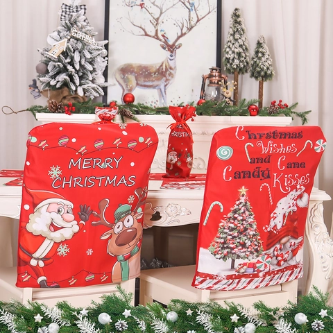 Weihnachten Esszimmerstuhl Rückenbezüge Rot Cartoon Weihnachtsmann Rentier Gnom Druck Waschbarer Stoff Für Feiertage Deko