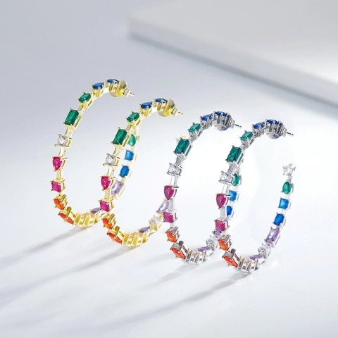 Multicolor Zircon Rainbow Hoop Earrings With 925 Sterling Silver Earring Post For Women Large Geometric Jewelry