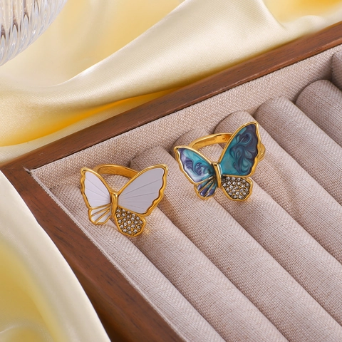 Schmetterling Ring Edelstahl 18K Vergoldet Emaille Zirkon Verstellbar Offen Fingerschmuck Für Damen Vintage
