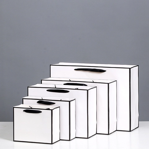 Minimalist White Cardboard Gift Bags With Black Edge Ribbon Handles For Clothing Shopping Wedding Birthday Party