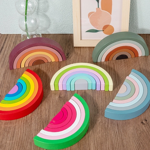 Wooden Rainbow Stacking Blocks Toy Montessori Arched Building Educational Activity For Toddlers
