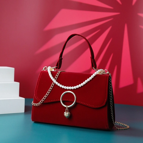 Rote Samt Handtasche Künstliche Perlen Griff Gold Schleife Elegant Retro Damen Hochzeit Braut Abend Umhängetasche