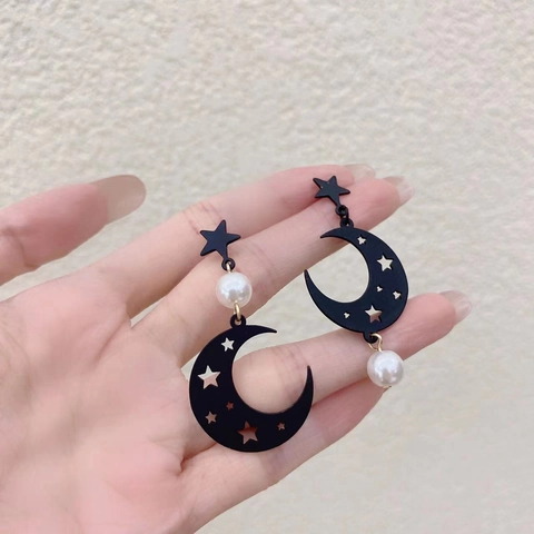 Pendientes Colgantes Asimétricos Estrella Luna Aleación Perla Artificial Con Poste De Plata De Ley 925 Joyas Retro Para Mujer