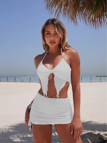 Top De Bikini Halter Y Minifalda Con Volantes Y Braguita Color Sólido Jacquard Textura Ondulada Ropa De Playa Sexy