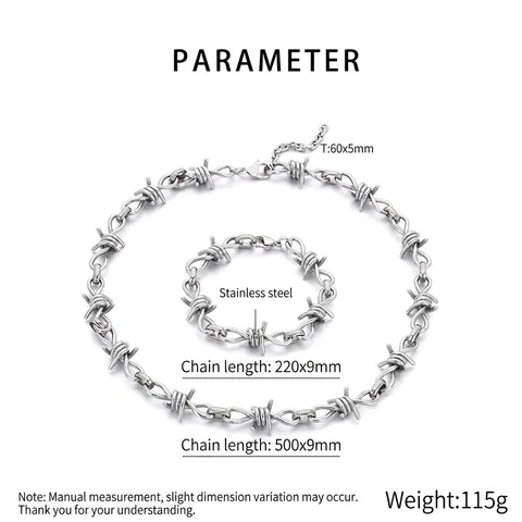 Stainless Steel Barbed Wire Necklace And Bracelet Punk Hip Hop Industrial Style Silver Color Jewelry For Men Women