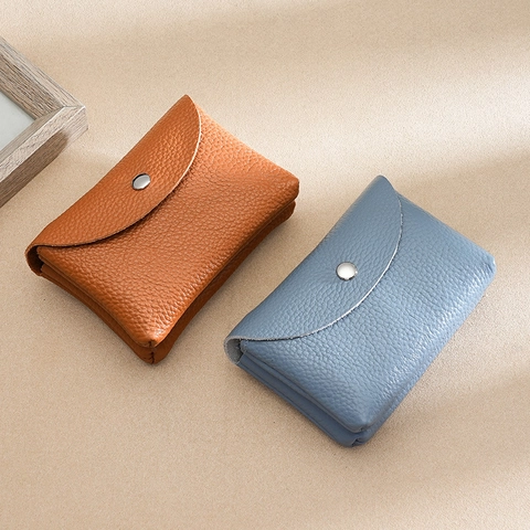 Coin Purse Wallet Real Cowhide Leather Pebble Grain Snap Button Zipper Pocket Mini Compact Card Key Holder Women