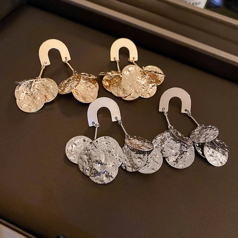Hammered Round Sequin Drop Earrings Women Geometric U-Shape Copper With Silver Earring Post Vintage Statement Jewelry