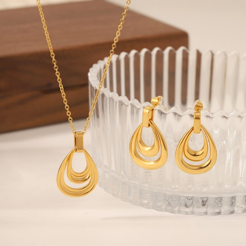 Doppelter Tropfen Ohrringe Halskette Edelstahl 18K Vergoldet Hohl Wassertropfen Geometrisch Mode Schmuck Damen