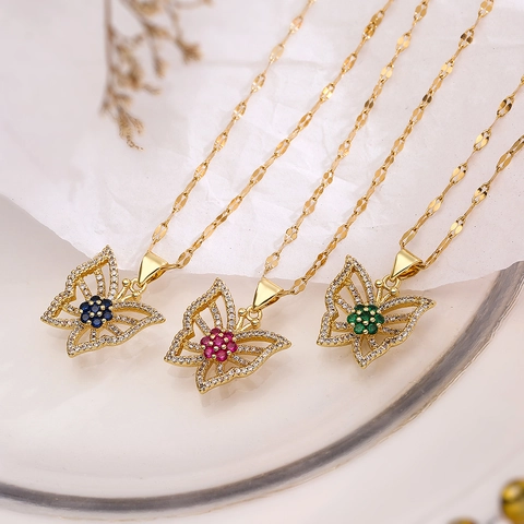 Collar Con Colgante De Mariposa Cobre Chapado En Oro Zirconia Piedra De Color Ala Hueca Joyas Para Mujeres Moda Ins Minimalista