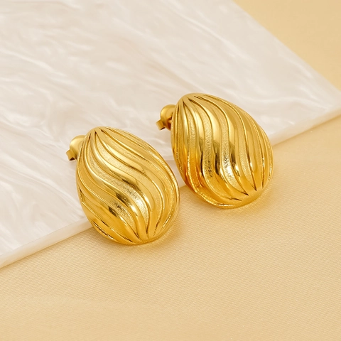Water Drop Stud Earrings 18K Gold Plated Stainless Steel Spiral Texture Shell Style Minimalist Fashion For Women