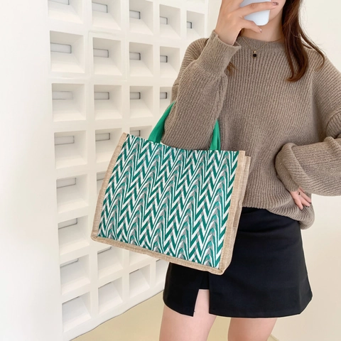 Women Large Capacity Jute Canvas Tote Bag Chevron Wave Pattern Casual Handbag For Commuter Shopping Travel
