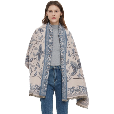 Écharpe Élégante en Polyester pour Femme avec Motif Paisley et Oiseau Châle Chaud d'Hiver avec Glands Écharpe Double Face Femme