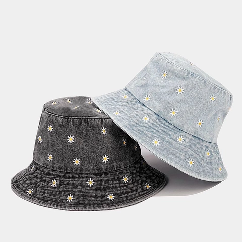 Damen Mode Denim Anglerhut Gänseblümchen Bestickt Faltbar Sonnenschutz Outdoor Casual Baumwolle Denim Fischerhut Für Sommer