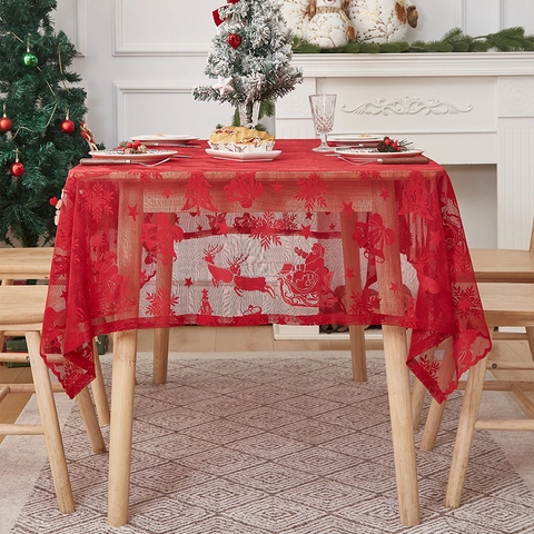 American Style Red Christmas Reindeer Lace Tablecloth Hollow Out Jacquard Snowflake Pattern Festive Party Home Dining Decor