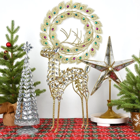 Christmas Tabletop Decoration Reindeer Star Tree Crown Metal Iron Acrylic Crystal Festive Holiday Home Living Room Desktop Ornament