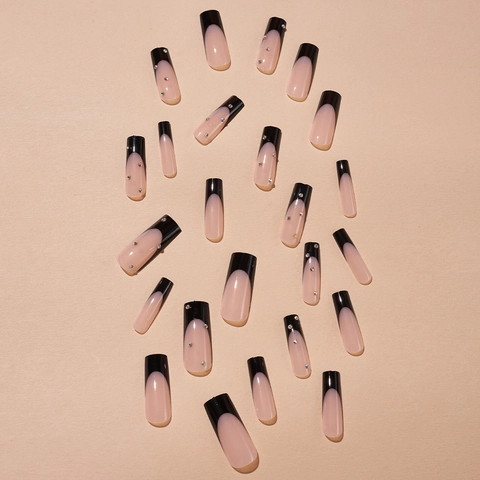Unghie Finte Lunghe Press On Punta Nera Francese Quadrate Con Strass Rosa Nude Manicure Portatile Per Donne