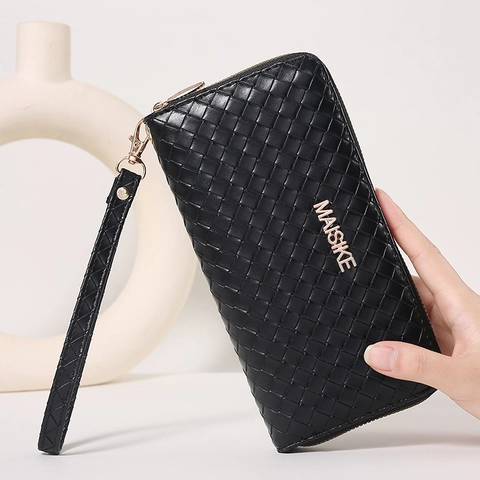 Cartera Larga Para Mujer De Cuero PU Tejido Bolso De Mano Con Cremallera Y Correa De Muñeca Gran Capacidad Moda Retro Color Sólido