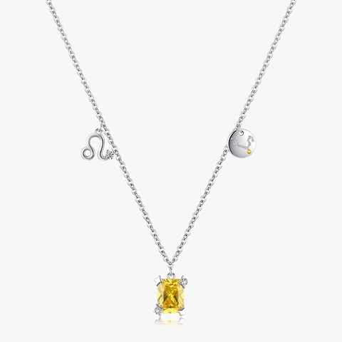 Collana Segno Zodiacale Leone Argento Sterling 925 Donna Con Zircone Giallo Rettangolare E Ciondolo Astrologia Elegante
