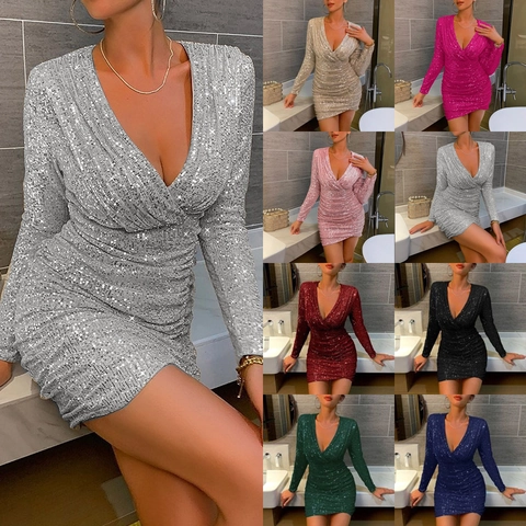 Sexy V Neck Sequin Mini Dress Long Sleeve Bodycon Ruched Party Evening Clubwear For Women Sparkling Polyester Glitter