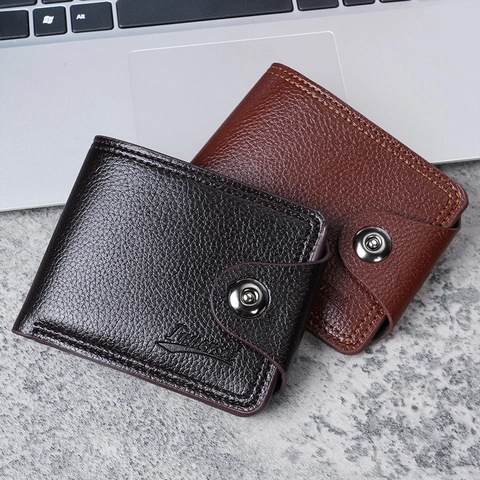 Men Short Bifold Wallet PU Leather Litchi Texture Snap Closure Multi Card Slots Business Casual Purse For Men