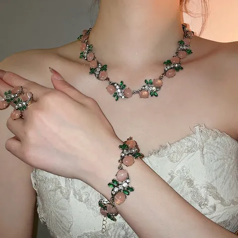 Collana Bracciale Orecchini Vintage Fiori Resina Rosa Foglie Verdi Strass Lega Perno Orecchini Argento Sterling 925