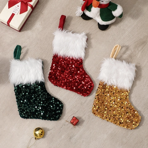 Sequin Christmas Stocking With White Faux Fur Cuff For Hanging Holiday Home Party Ornament Decoration