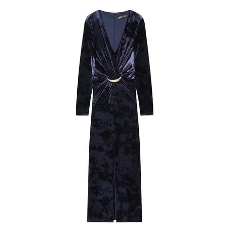 V-Ausschnitt Samt Midi Kleid Langarm Elegant Bodycon Mit Goldener Schnalle Hoher Schlitz Abendparty Für Damen