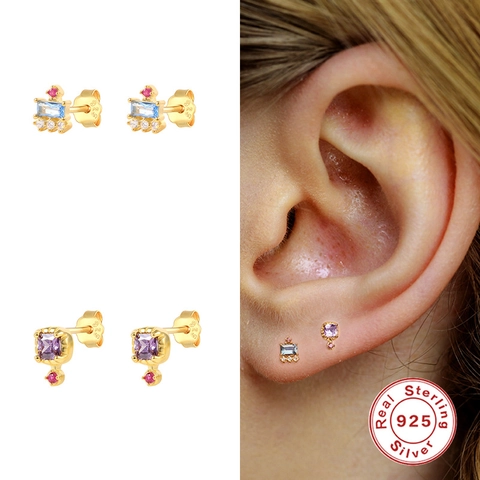 Geometric Minimalist Stud Earrings With 925 Sterling Silver Earring Post Gold Plated Cubic Zirconia Turquoise Fashion Jewelry