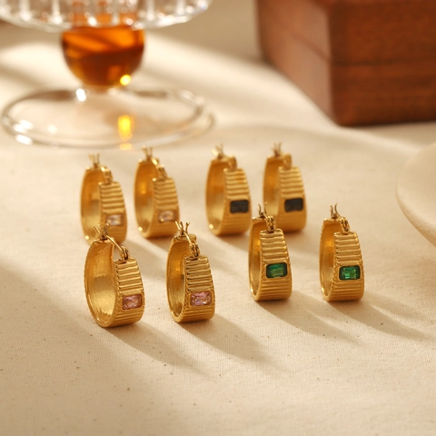 Vintage Ribbed Hoop Earrings 18K Gold Plated Titanium Steel With Rectangular Zircon Inlay Elegant Jewelry For Women