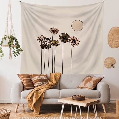 Tapiz De Pared Bohemio Arte De Línea Minimalista Girasol Sol Tela Colgante Estética Poliéster Decoración Para Dormitorio