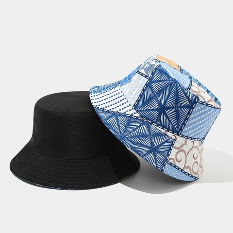 Retro Ethnic Print Bucket Hat Polyester Reversible Foldable Bohemian Patchwork Sun Hat Streetwear Unisex