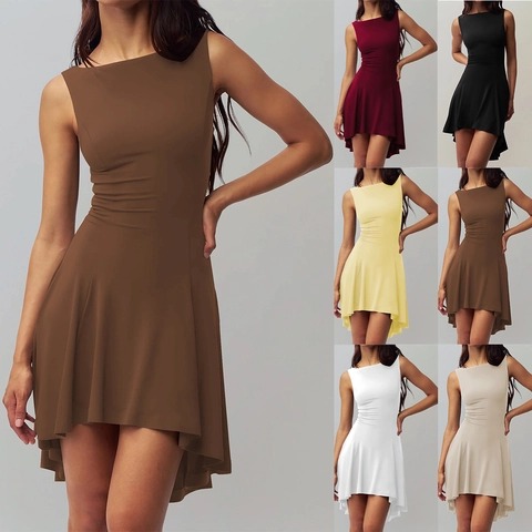 Sleeveless Midi Dress Polyester Spandex Slim Fit Solid Color High Waist Asymmetric Ruffle Hem Off Shoulder Sexy Elegant