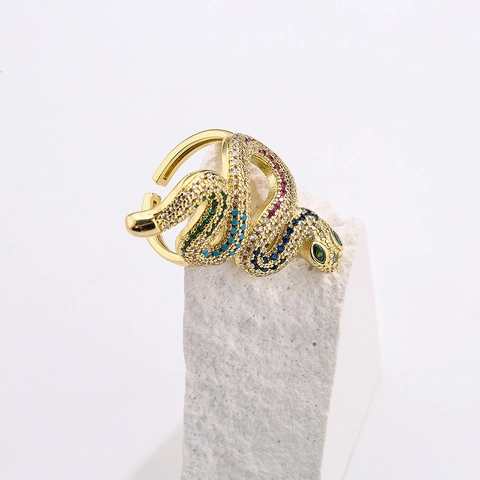 Schlangenring Kupfer Vergoldet Mehrfarbige Zirkonia Verstellbar Luxus Geometrischer Schmuck Damen