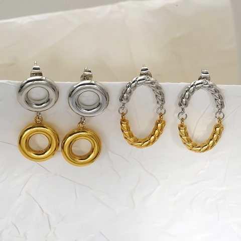 Orecchini A Cerchio Geometrici Bicolore Placcato Oro 18K Acciaio Inossidabile 304 Corda Intrecciata Doppio Cerchio Donna